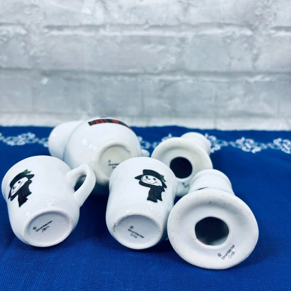 Vintage 1990s Strombecker Corp Snowman Mini Mugs, Pitcher & Candlestick Holders.